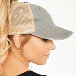 High Ponytail Gray Vintage Washed Distressed Twill Mesh Baseball Cap- One Size